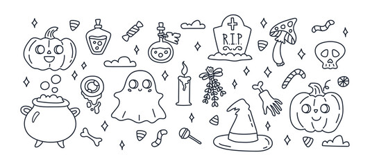 Happy Halloween collection. Cute doodle vector illustration with magic hat, pumpkin, candy, candle, skull, mushroom, potion, headstone, cauldron.