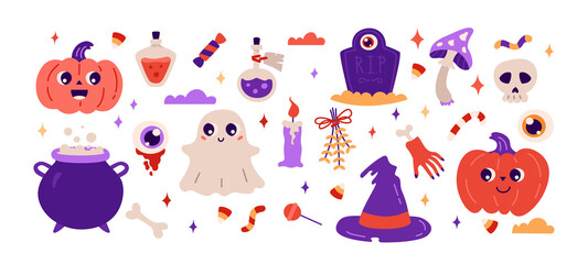 Fototapeta premium Happy Halloween collection. Cute cartoon vector illustration with magic hat, pumpkin, candy, candle, skull, mushroom, potion, headstone, cauldron.