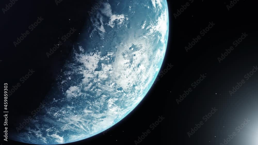 Poster a cinematic rendering of planet earth during sunrise as view from space with vibrant blue atmosphere