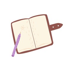 Open sketchbook with pen. Notebook with leather cover and strap. Sketch book for painting and drawing. Notepad with picture. Flat vector illustration of artbook isolated on white background