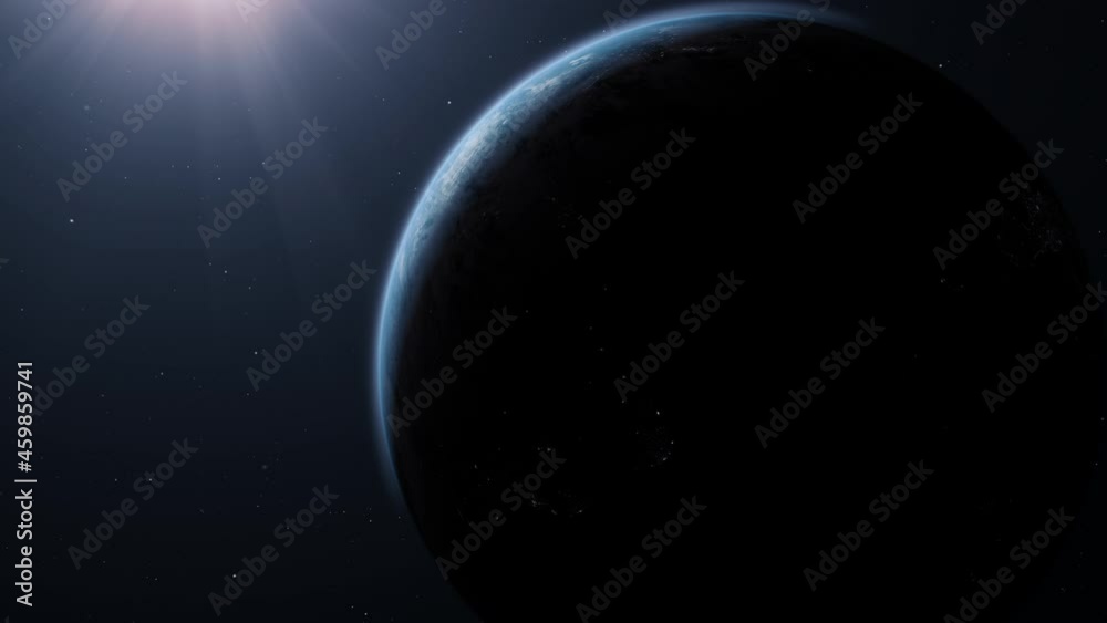 Poster a cinematic rendering of planet earth during sunrise as view from space with vibrant blue atmosphere
