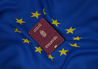 Hungary passport with European Union flag in background 