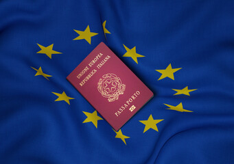 Italy passport with European Union flag in background