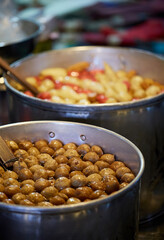 Close-up of meatballs in a night market in Thailand