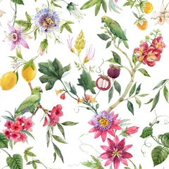 Selbstklebende Fototapeten Beautiful seamless tropical floral pattern with hand drawn watercolor exotic jungle flowers. Stock illustration. © zenina