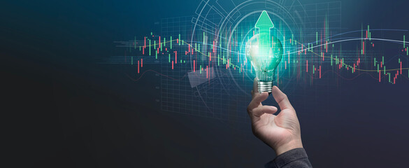 Trading stocks of the glow light Data digital marketing graph in dark background. 3D illustration in Technology trading floor concepts.