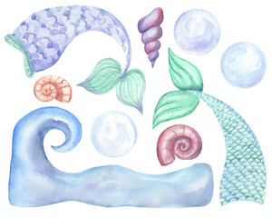 Watercolor set. Mermaid tails, sea wave, seashells and bubbles hand drawn isolated on white background