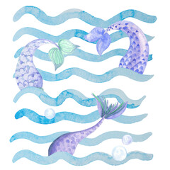 Beautiful watercolor poster on a marine theme. Mermaid tail in sea waves