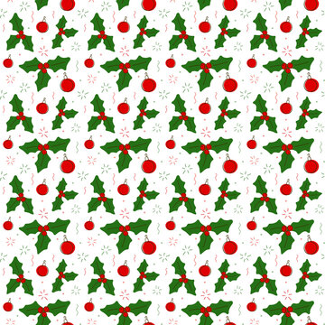 Christmas holly with berries, balls, fireworks and confetti.Seamless repeating pattern in doodle style on a white background.