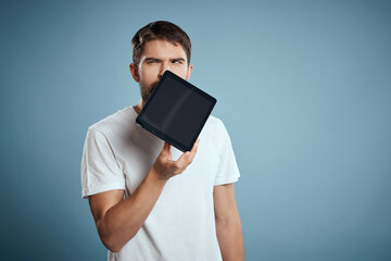bearded man with tablet in hands internet technology communication isolated background