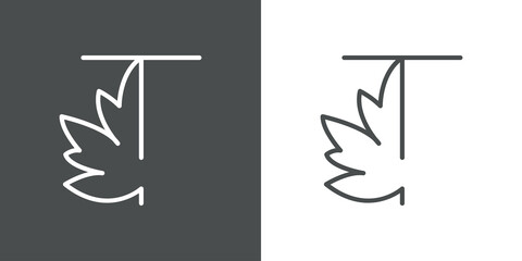 Logotipo letra inicial T en hoja de arce con lineas en fondo gris y fondo blanco
