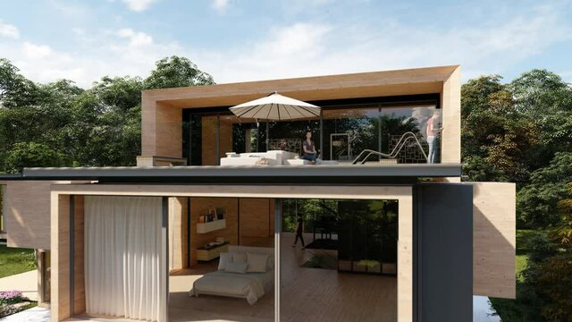 Modern large wooden mansion with roof terrace, pool and garden