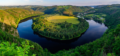 A lookout over the Vltava river in Solenicka Podkova during sunset in Czech republic. 