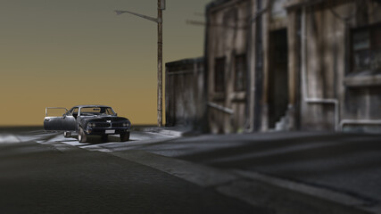 Fototapeta na wymiar Vintage 1970s muscle car with the door open stands still on a deserted street in a derelict old village at dusk. 3D render.