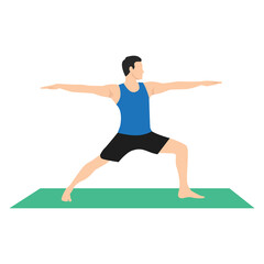Yoga Man in Virabhadrasana 2 or Warrior II pose. Male cartoon character practicing Hatha yoga. Man demonstrating exercise during gymnastics training. Flat vector illustration.