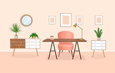 Fototapeta premium Interior of a room for working from home with furniture and houseplants. Office with computer, workplace, cabinet. Vector flat style illustration. Remote work, freelance, education and business.