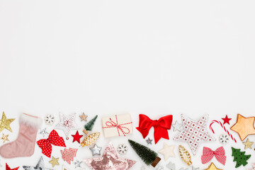 Christmas flat lay background on the white wooden table.