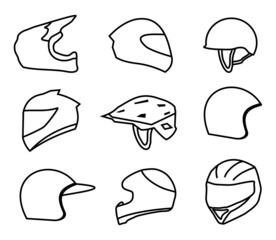 Helmets icons set. contain such helmet bike, helmet motorcycle. vector illustration on white background