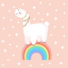 Fototapeta premium Vector illustration with a cheerful llama on a rainbow on a pink background with stars. Suitable for baby texture, textile, fabric, poster, greeting card, decor. Cute alpaca from Peru.