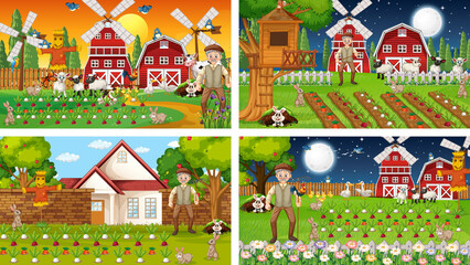 Different farm scenes with old farmer and animal cartoon character