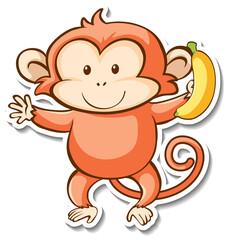 Sticker design with cute monkey holding banana isolated