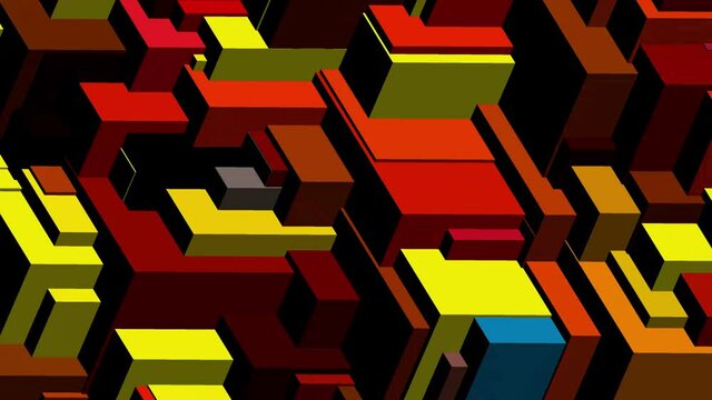 3D Abstract cubes loop. Video game isometric geometric mosaic waves pattern. Construction of hills landscape using multicolor blocks. 4K animation