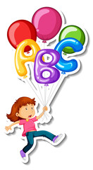 Sticker template with a girl flying with many balloons isolated