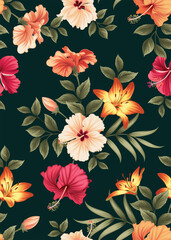 Seamless pattern of hibiscus flowers and lily with leaf background template. Vector set of floral element for tropical print, wedding invitations, greeting card, brochure, banners and fashion design.