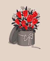 Packaging and gifts. Gift hat box with red roses.