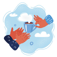 Vector illustration of hand Give cup of tea to another person. Alms and hospitality, charity concept.