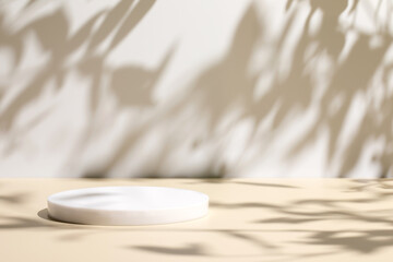 Abstract minimal nature scene - empty stage and circle podium on beige background and soft shadows...