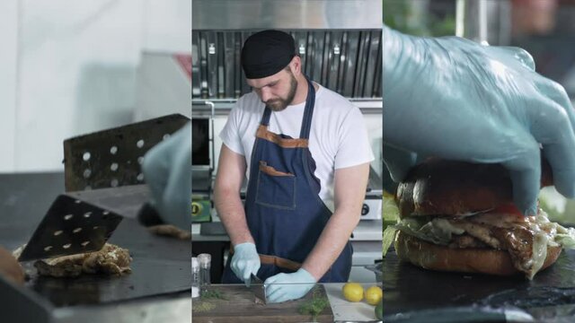 multiscreen male hands in gloves fry meat with spatula, man with knife cuts food in kitchen, chef prepares a burger in restaurant