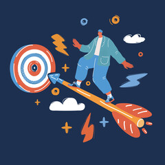 Vector illustration of man ride on arrow flying to target over dark background
