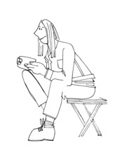 Young girl sitting on camp stool with mobile phone in hands. Outlined vector illustartion isolated on white background