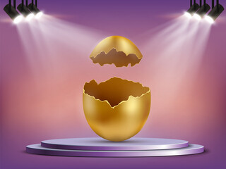 Open golden egg with shells on the podium. - obrazy, fototapety, plakaty