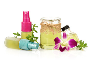 Indian pennywort or brahmi green leaves and oil isolated on white background.