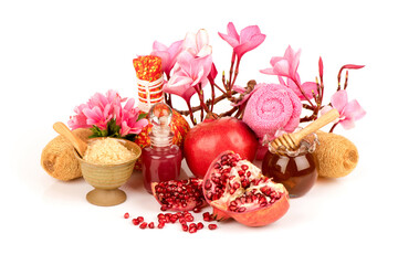 Naklejka premium Scrub with pomegranate fruits ,honey,red sugar isolated on white background.