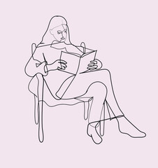 Stylized abstract woman working at home in one line. Female beauty figure logo. One line continuous model. 