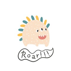 Dino monster with three eyes. Says - a roar. Cute cartoon dinosaur character in simple hand drawn scandinavian style. Vector childish doodle illustration. Baby card, print for clothes.