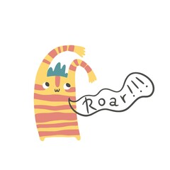 Monster tabby cat. Says - a roar. Cute cartoon character in simple hand drawn scandinavian style. Vector childish doodle illustration. Baby card, print for clothes.