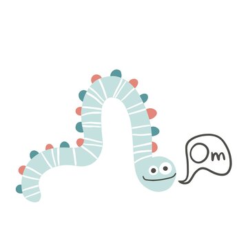Monster striped worm snake. Speaks - Om. Cute cartoon character in simple hand drawn scandinavian style. Vector childish doodle illustration. Baby card, print for clothes.