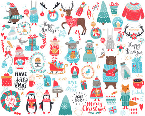 Big festive Christmas and New Year set with a lot of items, characters and inscriptions. Vector winter theme.