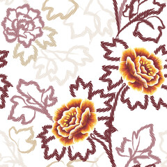 Vector floral seamless pattern. Stylized flowers like peonies or poppies, leaves and stems on white background. Folk decorative embroidery imitation. Romantic fabric, textile, linen ornament. - 459869912