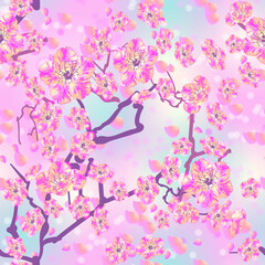 Seamless spring floral pattern. Pink yellow flowers like sakura or peach, tree branches, flying petals on light blue pink white gradient background. Romantic delicate vector wallpaper. - 459869927