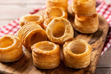 Traditional English Yorkshire pudding on wooden table