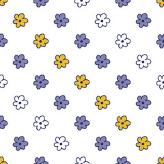 Obraz premium Seamless pattern. Doodle hand drawn. Nature, animals and elements. Violet, yellow and white flowers on white background.