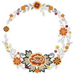 Vector floral round frame. Template for greeting card, invitation or postcard with colorful ornamental elements. Wreath with folk style flowers and leaves on white background. Embroidery imitation. - 459870117