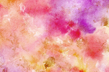 Multicolored watercolor texture with golden scuffs. Abstract hand-drawn background in vibrant pink, purple and yellow colors.