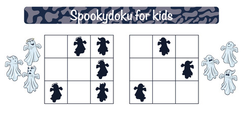 Spookydoku Educational Game for Kids. Sudoku with funny ghosts activity for children. School puzzle. Educational worksheet