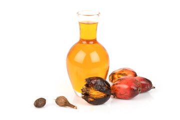 Palm fruits and oil isolated on white background.